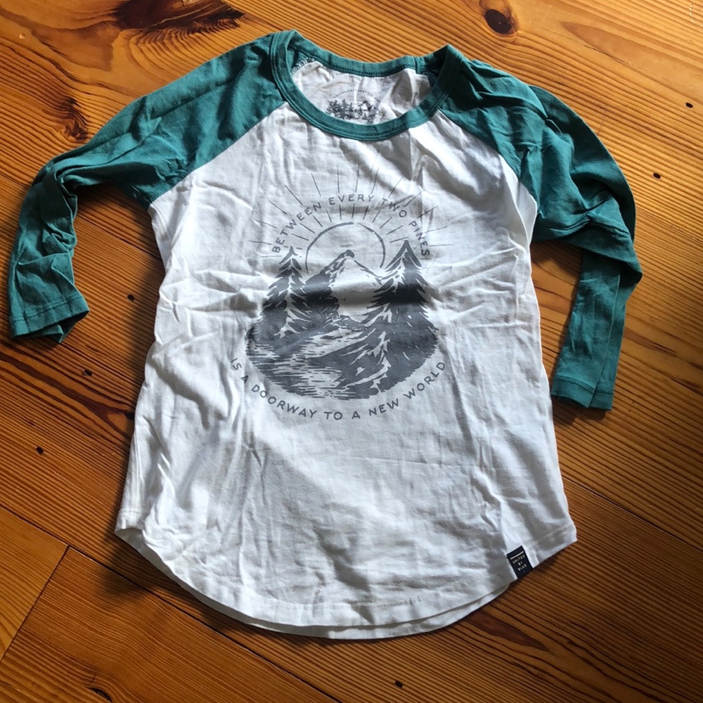 Teal and white baseball style shirt xs